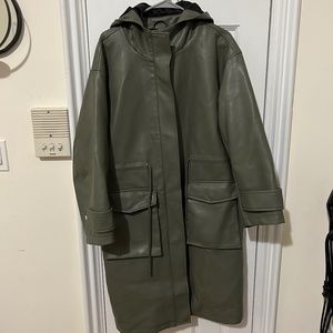 ASOS Faux Leather Oversized Hooded Parka w/ Quilted Lining - Muted Green, Size 2